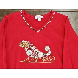 Quacker Factory Red Vneck Knit Beaded Holiday Christmas Cardigan Sweater Sz M